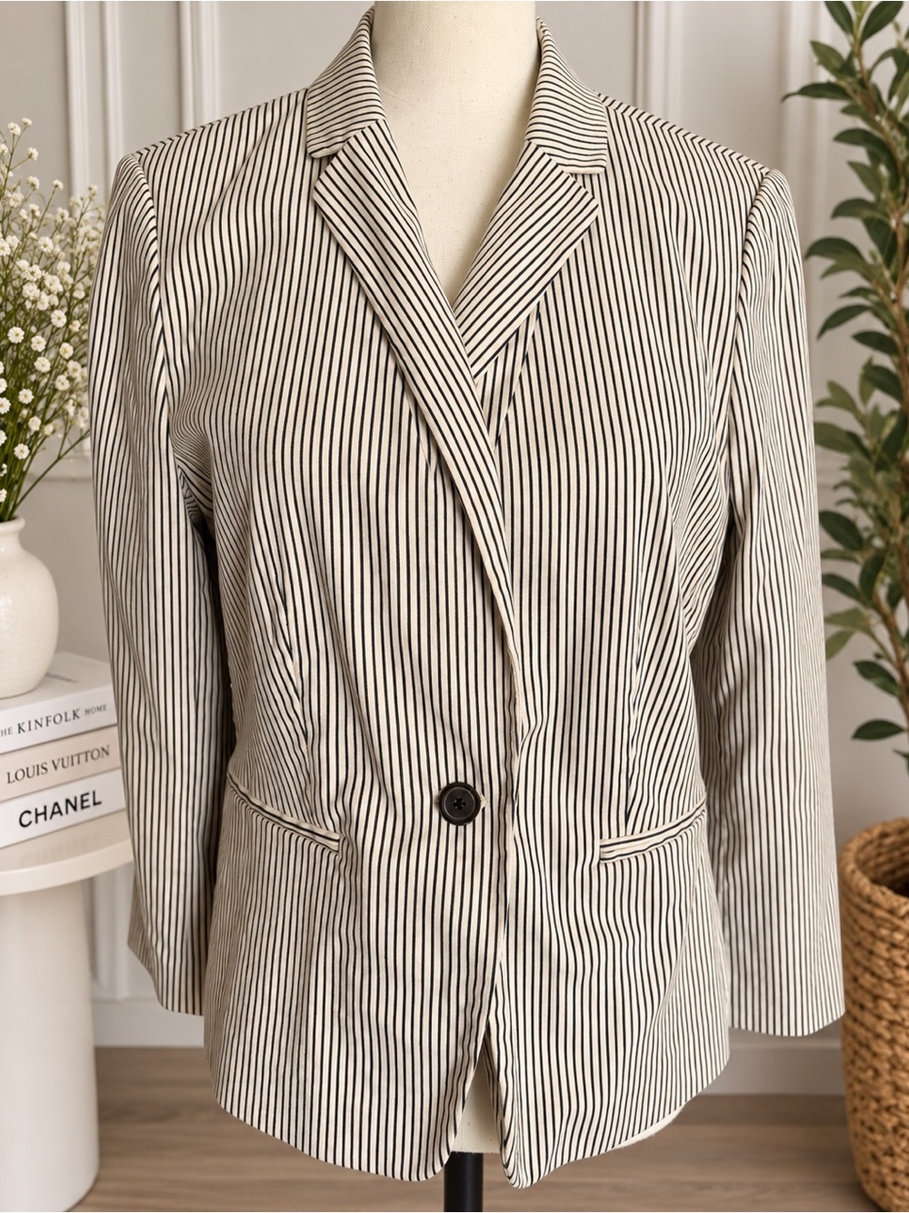 Ann Taylor Black and White Pinstripe Single-Button Blazer